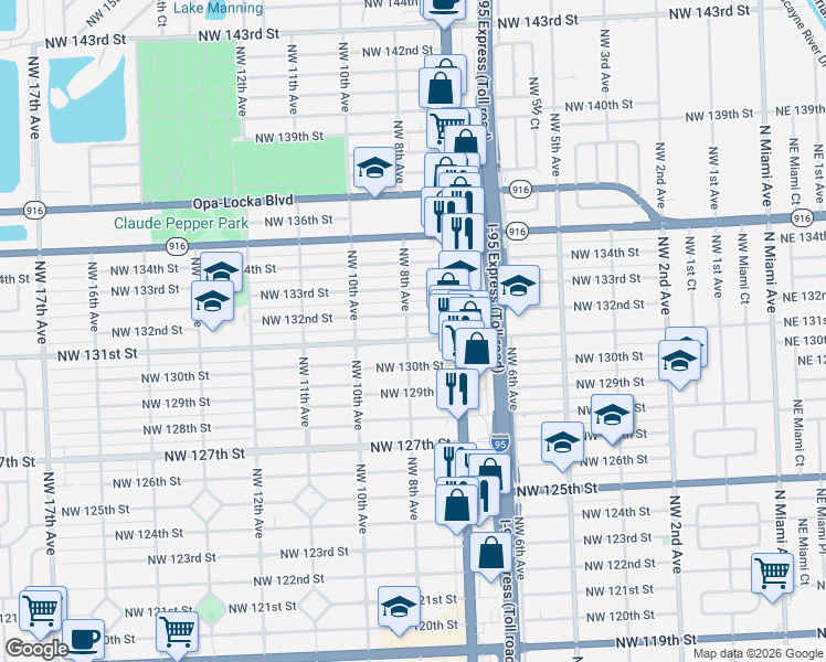 map of restaurants, bars, coffee shops, grocery stores, and more near 770 Northwest 131st Street in North Miami