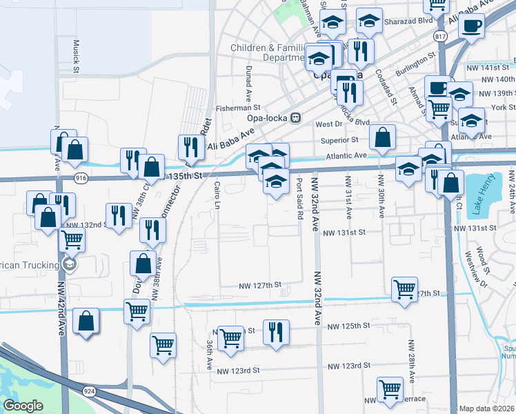 map of restaurants, bars, coffee shops, grocery stores, and more near 13300 Alexandria Drive in Opa-locka