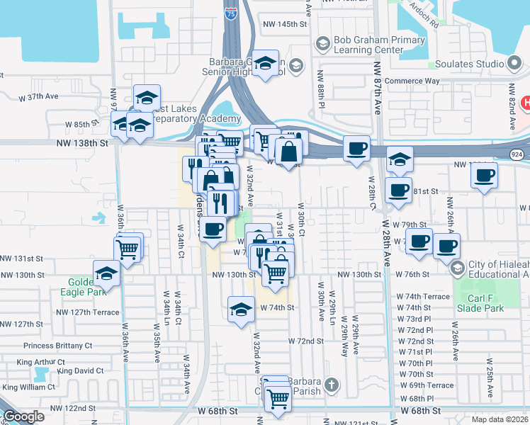 map of restaurants, bars, coffee shops, grocery stores, and more near 3166 West 79th Place in Hialeah