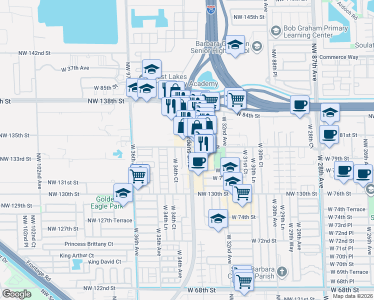 map of restaurants, bars, coffee shops, grocery stores, and more near 3388 West 80th Street in Hialeah