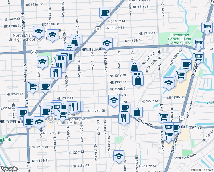 map of restaurants, bars, coffee shops, grocery stores, and more near in North Miami