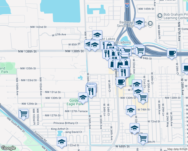 map of restaurants, bars, coffee shops, grocery stores, and more near 3523 Northwest 96th Avenue in Hialeah