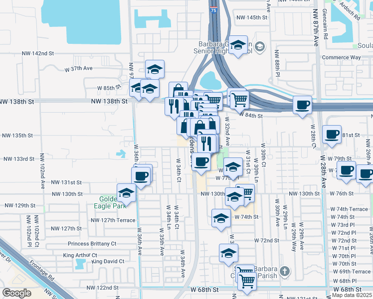 map of restaurants, bars, coffee shops, grocery stores, and more near 3388 West 80th Street in Hialeah