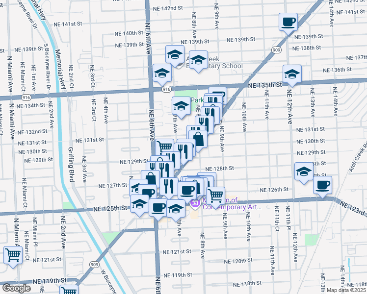 map of restaurants, bars, coffee shops, grocery stores, and more near 730 Northeast 130th Street in North Miami