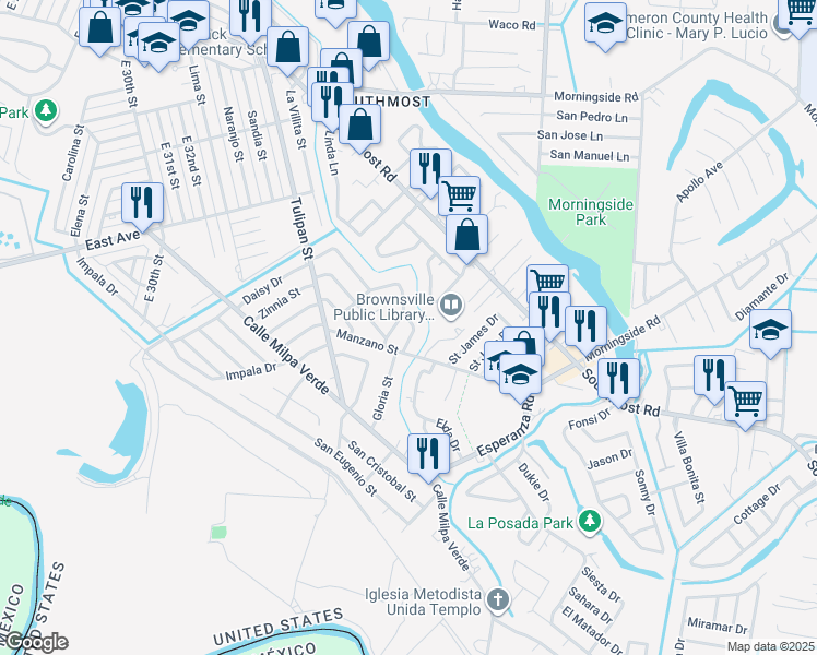 map of restaurants, bars, coffee shops, grocery stores, and more near 524 Olmito Street in Brownsville