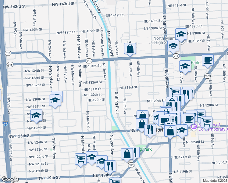 map of restaurants, bars, coffee shops, grocery stores, and more near 12950 Griffing Boulevard in North Miami