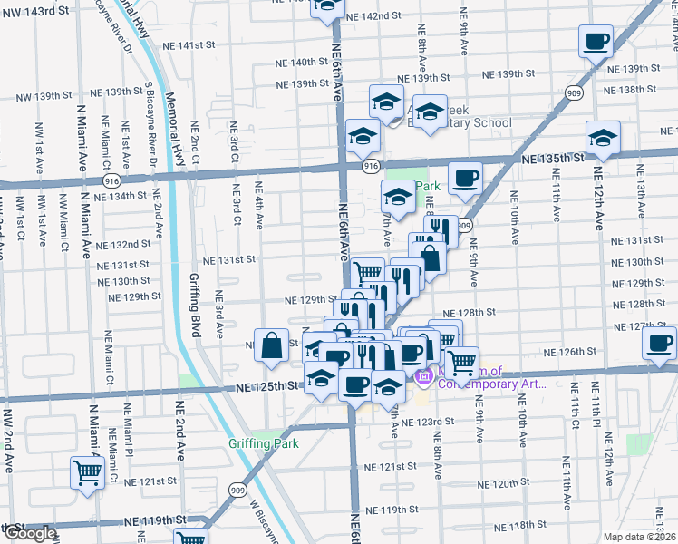 map of restaurants, bars, coffee shops, grocery stores, and more near 13020 Northeast 6th Avenue in North Miami