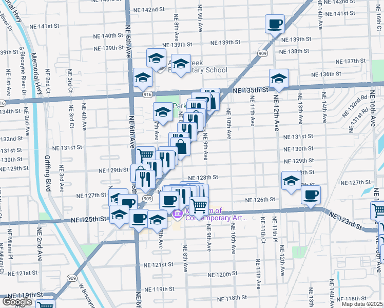 map of restaurants, bars, coffee shops, grocery stores, and more near 12930 Northeast 8th Avenue in North Miami