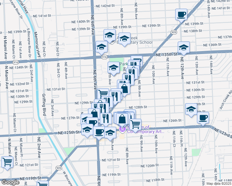 map of restaurants, bars, coffee shops, grocery stores, and more near 730 Northeast 130th Street in North Miami