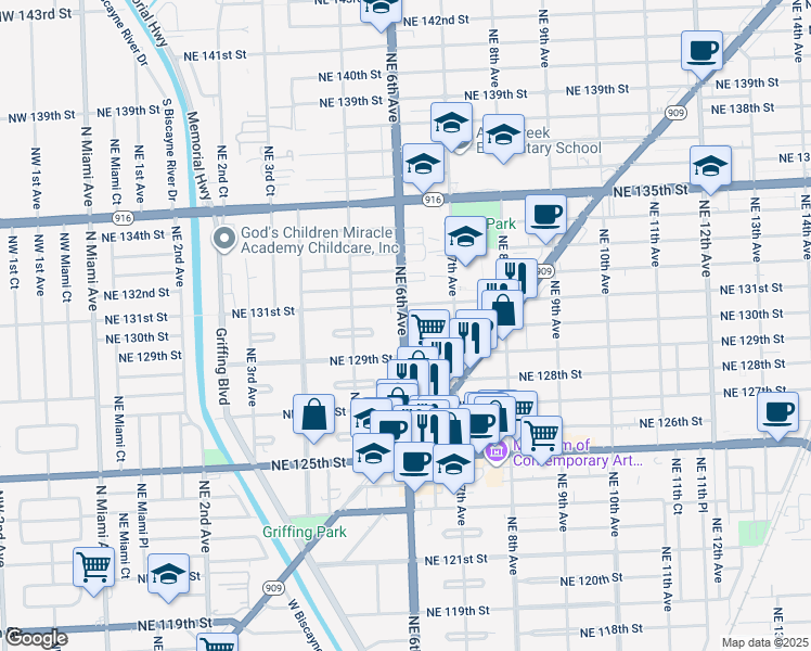 map of restaurants, bars, coffee shops, grocery stores, and more near in North Miami