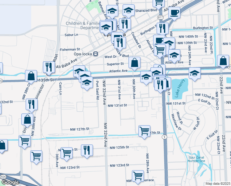 map of restaurants, bars, coffee shops, grocery stores, and more near 3006 Northwest 132nd Terrace in Opa-locka