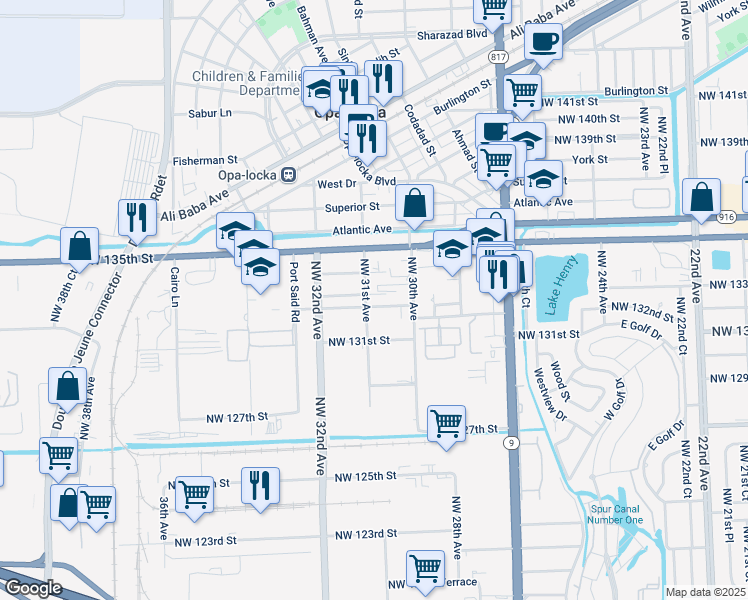 map of restaurants, bars, coffee shops, grocery stores, and more near 3006 Northwest 132nd Terrace in Opa-locka