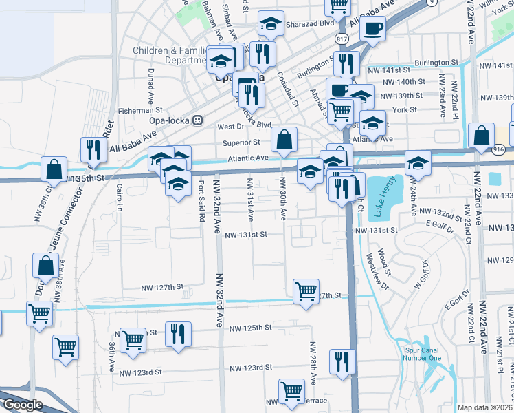 map of restaurants, bars, coffee shops, grocery stores, and more near 2924 Northwest 132nd Terrace in Opa-locka