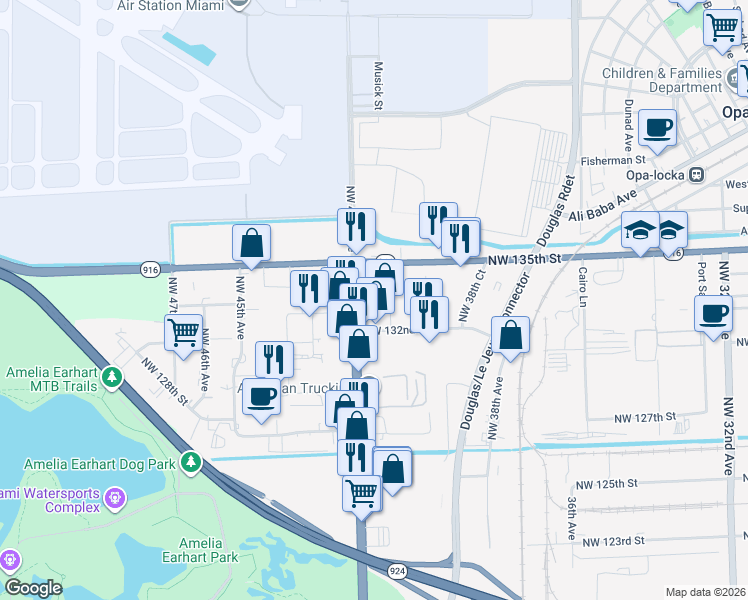 map of restaurants, bars, coffee shops, grocery stores, and more near 4165 Northwest 132nd Street in Opa-locka