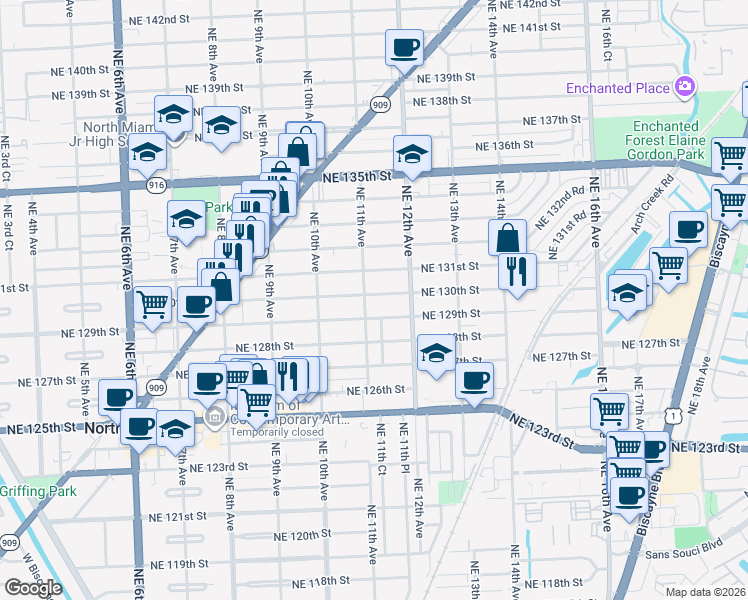 map of restaurants, bars, coffee shops, grocery stores, and more near 1101 Northeast 129th Street in North Miami
