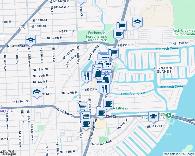 map of restaurants, bars, coffee shops, grocery stores, and more near 1755 NE 127th St in North Miami