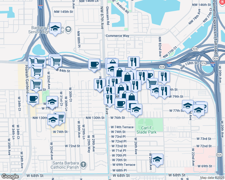 map of restaurants, bars, coffee shops, grocery stores, and more near 2739 West 79th Street in Hialeah
