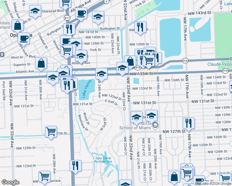 map of restaurants, bars, coffee shops, grocery stores, and more near 2261 Northwest 132nd Street in Miami
