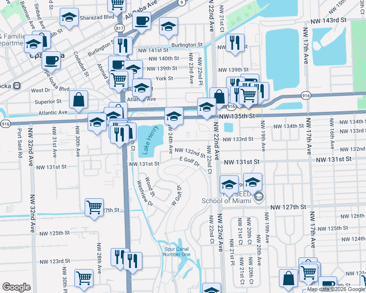 map of restaurants, bars, coffee shops, grocery stores, and more near 2330 Northwest 132nd Street in Miami