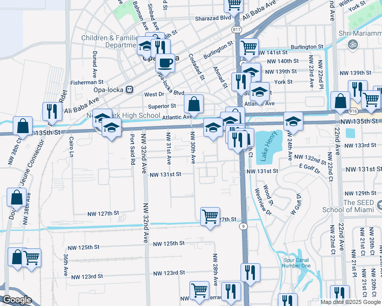 map of restaurants, bars, coffee shops, grocery stores, and more near 2924 Northwest 132nd Terrace in Opa-locka