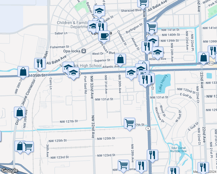 map of restaurants, bars, coffee shops, grocery stores, and more near 3006 Northwest 132nd Terrace in Opa-locka