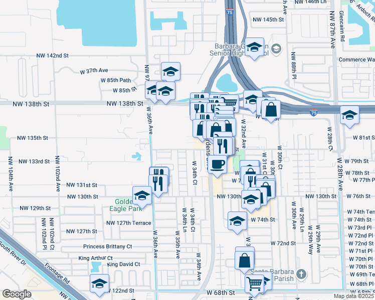 map of restaurants, bars, coffee shops, grocery stores, and more near 7900 West 34th Lane in Hialeah