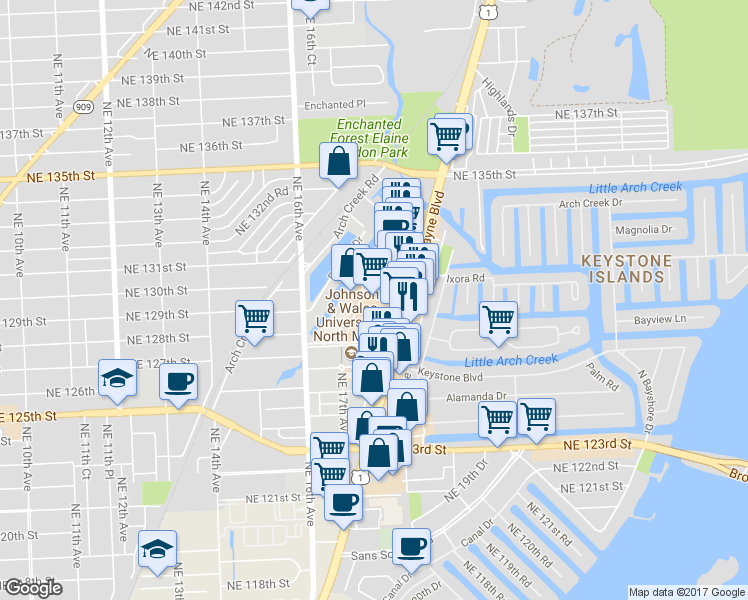 map of restaurants, bars, coffee shops, grocery stores, and more near 12850 Biscayne Boulevard in North Miami
