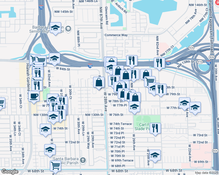 map of restaurants, bars, coffee shops, grocery stores, and more near 7975 West 28th Avenue in Hialeah