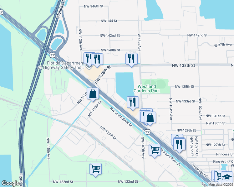 map of restaurants, bars, coffee shops, grocery stores, and more near 10830 Northwest 138th Street in Hialeah Gardens