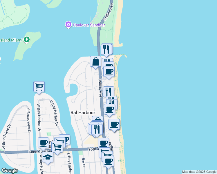 map of restaurants, bars, coffee shops, grocery stores, and more near 10185 Collins Avenue in Bal Harbour