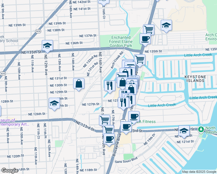 map of restaurants, bars, coffee shops, grocery stores, and more near 1595 Northeast 129th Street in North Miami