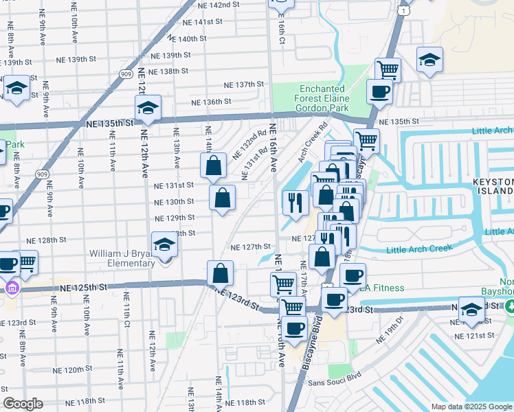 map of restaurants, bars, coffee shops, grocery stores, and more near 1530 Northeast 130th Street in North Miami