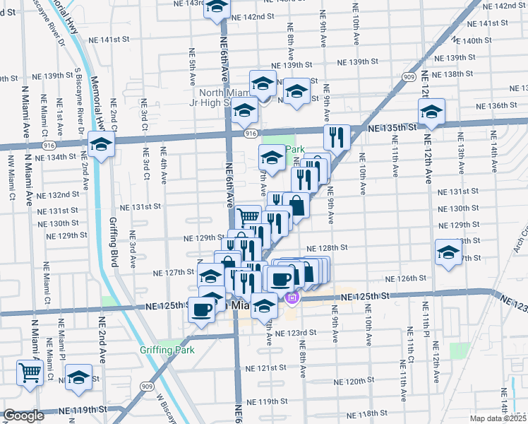 map of restaurants, bars, coffee shops, grocery stores, and more near 730 Northeast 130th Street in North Miami