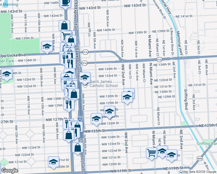 map of restaurants, bars, coffee shops, grocery stores, and more near 400 Northwest 131st Street in North Miami