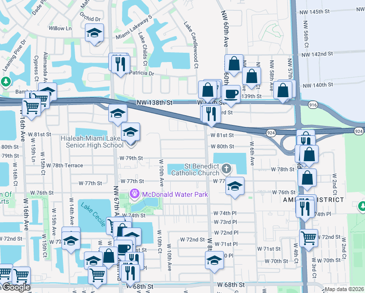 map of restaurants, bars, coffee shops, grocery stores, and more near 917 West 79th Street in Hialeah