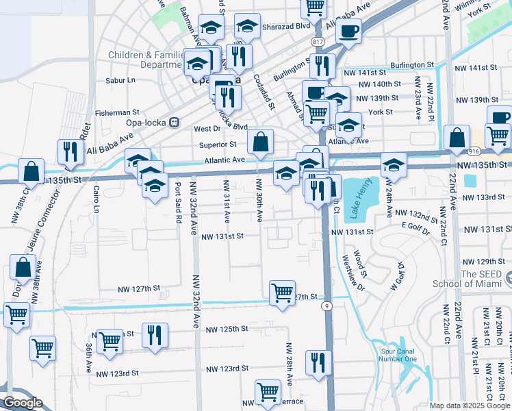 map of restaurants, bars, coffee shops, grocery stores, and more near 13300 Northwest 30th Avenue in Opa-locka