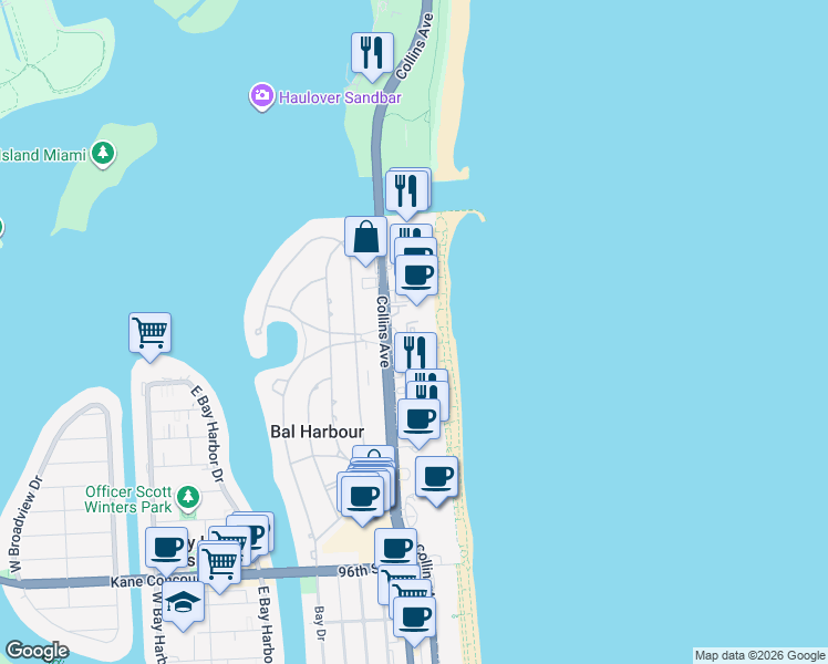 map of restaurants, bars, coffee shops, grocery stores, and more near 10205 Collins Avenue in Bal Harbour