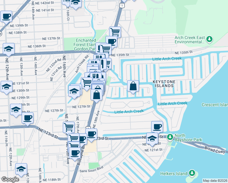 map of restaurants, bars, coffee shops, grocery stores, and more near 1855 Ixora Road in North Miami