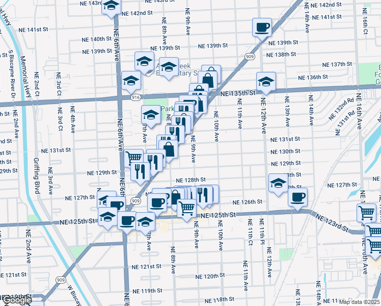map of restaurants, bars, coffee shops, grocery stores, and more near 890 Northeast 131st Street in North Miami