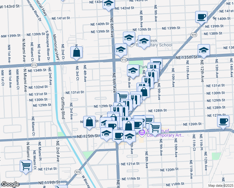 map of restaurants, bars, coffee shops, grocery stores, and more near in North Miami