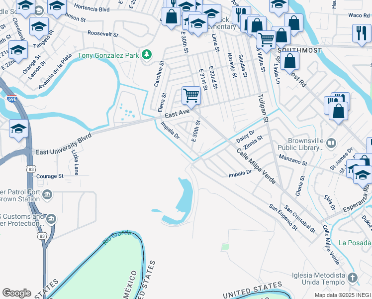 map of restaurants, bars, coffee shops, grocery stores, and more near 2425 East 30th Street in Brownsville