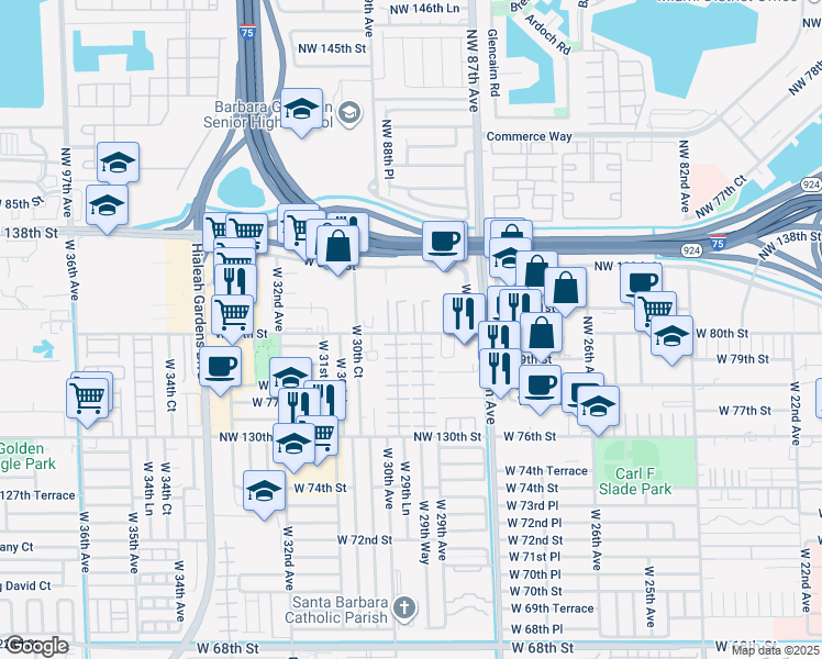 map of restaurants, bars, coffee shops, grocery stores, and more near 2955 West 80th Street in Hialeah Gardens