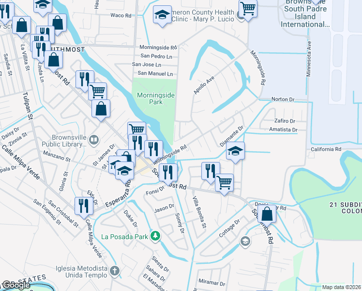 map of restaurants, bars, coffee shops, grocery stores, and more near 4701 Young Drive in Brownsville