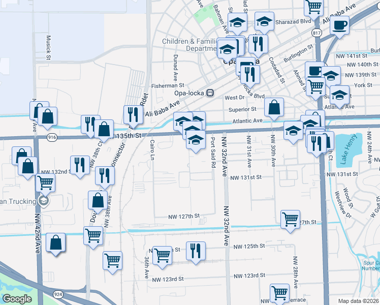 map of restaurants, bars, coffee shops, grocery stores, and more near 13331 Alexandria Drive in Opa-locka