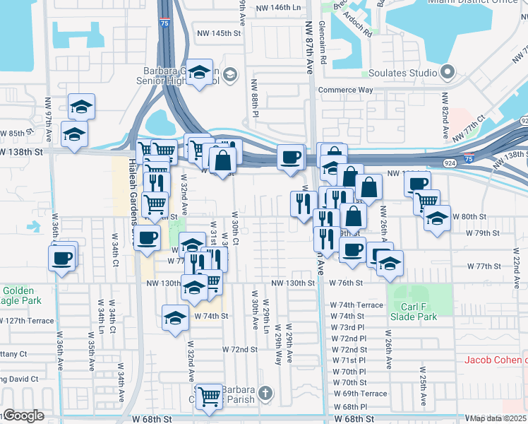map of restaurants, bars, coffee shops, grocery stores, and more near 2985 West 80th Street in Hialeah Gardens