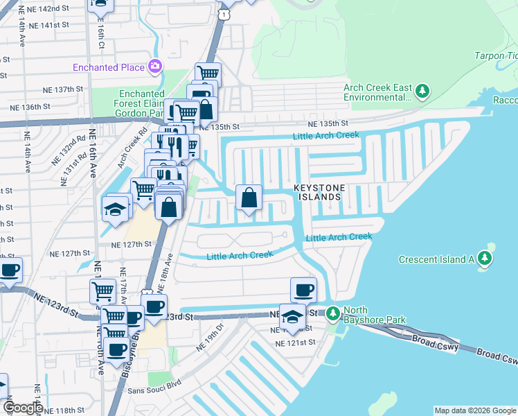 map of restaurants, bars, coffee shops, grocery stores, and more near 2035 Ixora Road in North Miami