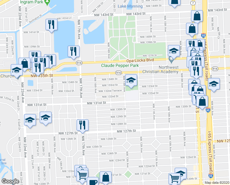 map of restaurants, bars, coffee shops, grocery stores, and more near 1370 Northwest 133rd Street in Miami