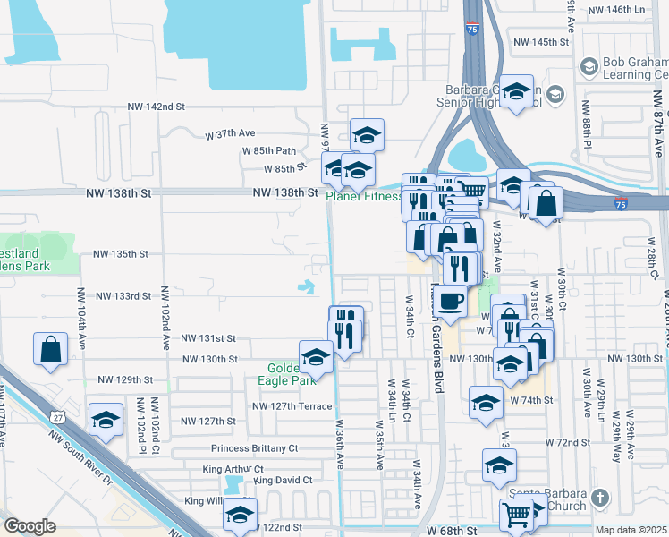 map of restaurants, bars, coffee shops, grocery stores, and more near 8007 West 36th Avenue in Hialeah