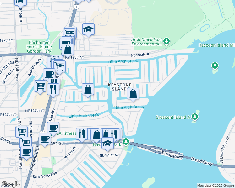 map of restaurants, bars, coffee shops, grocery stores, and more near in North Miami
