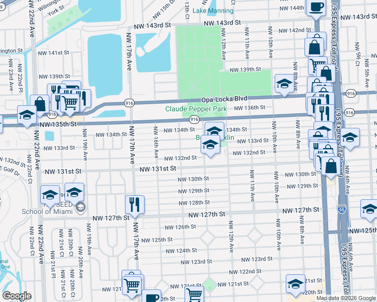 map of restaurants, bars, coffee shops, grocery stores, and more near 1370 Northwest 133rd Street in Miami